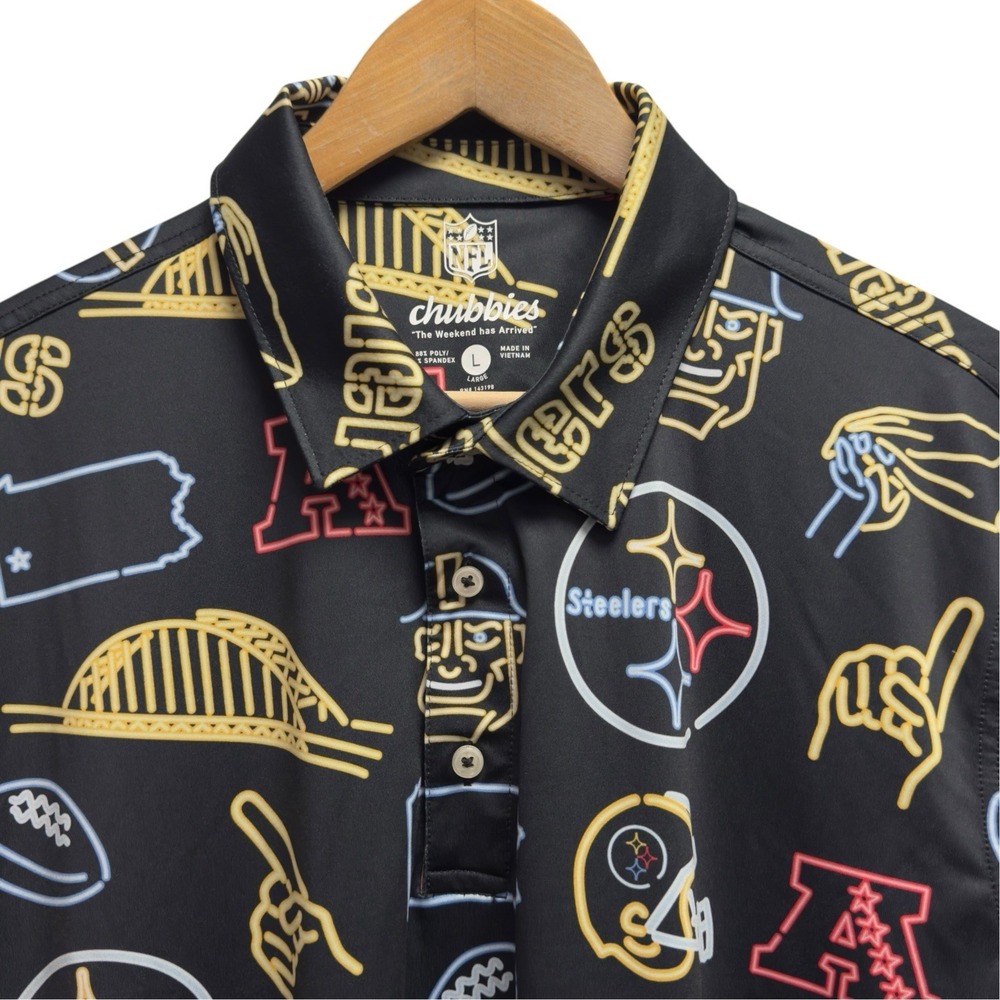Chubbies x Pittsburgh Steelers NFL Men's Large Black AOP Graphic Polo Shirt euc
